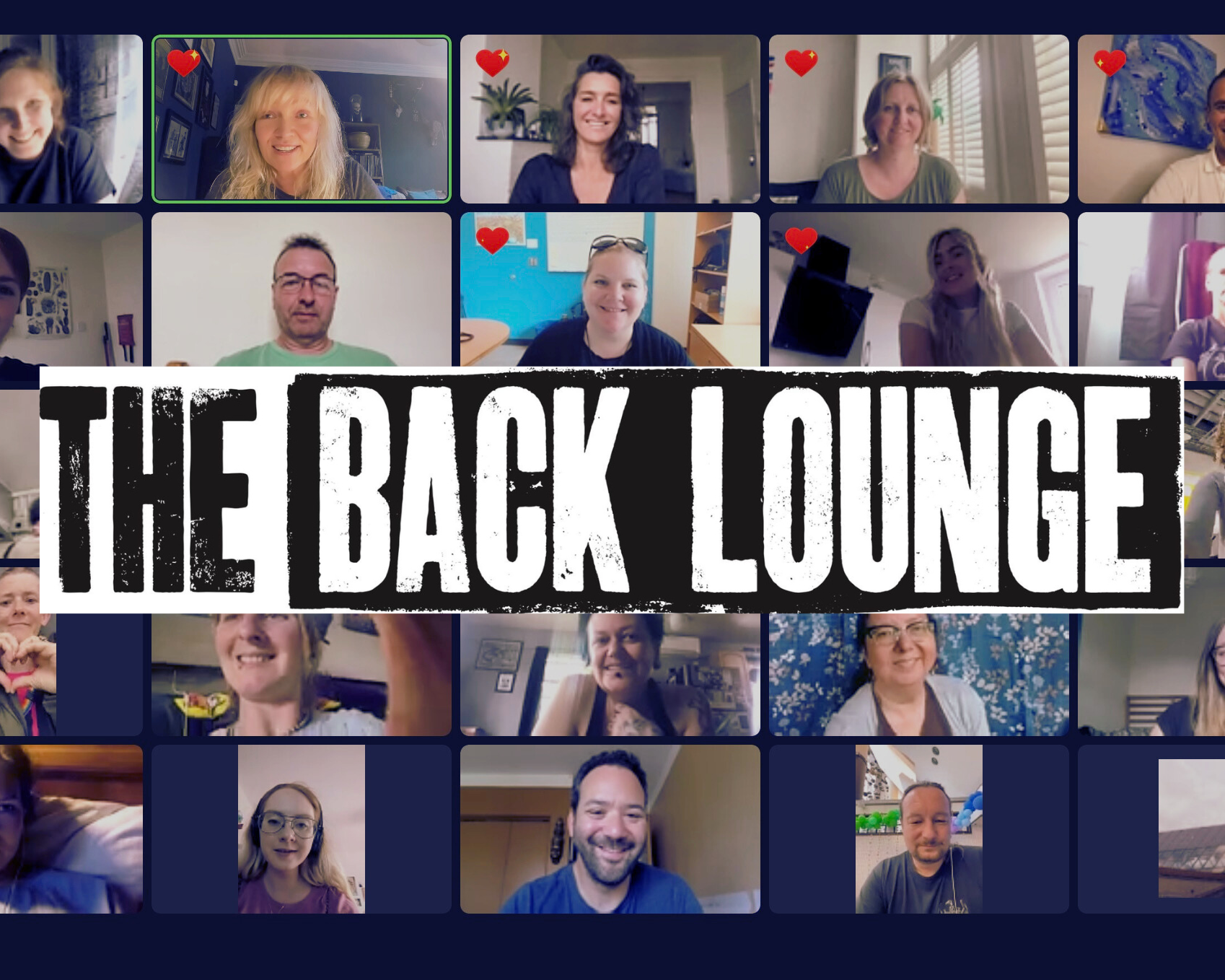 Collage of multiple people in a virtual meeting with 'The Back Lounge' text overlay.